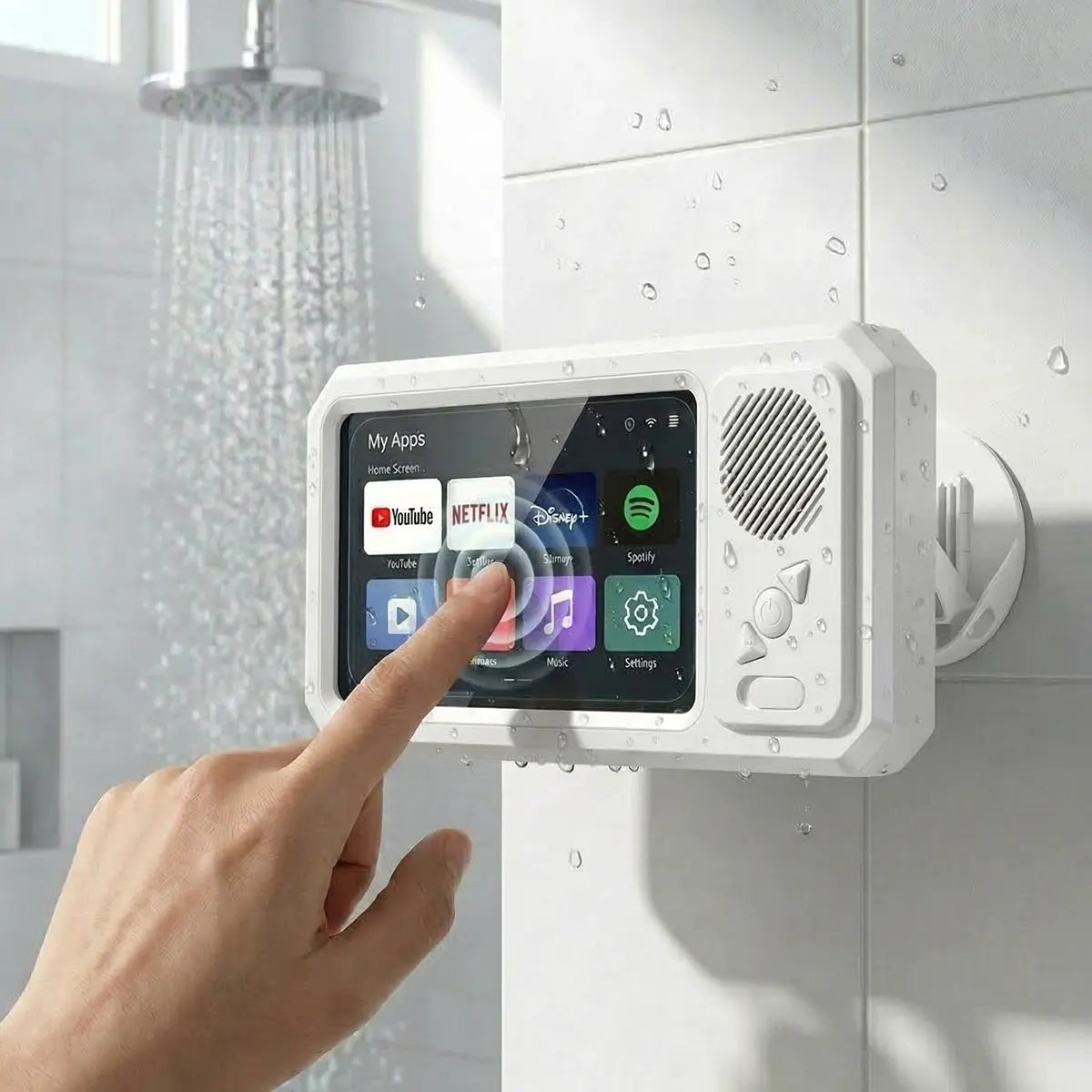 Waterproof Box Speaker, Bathroom Waterproof360 Rotating Touch Screen, Bluetooth Speaker,Watch Movies, Listen to Music, Phone Holderbluetooth Speaker Audio Shower TV Holder,Swimming Pool, Kitchen, Bathroom, Sink