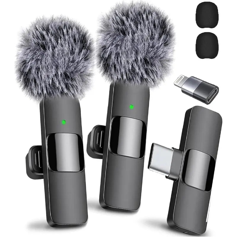 2.4G Wireless Clip-On Microphone with Lightning and USB-C Adapters for Professional Audio in Video Recording, YouTube, and Interviews