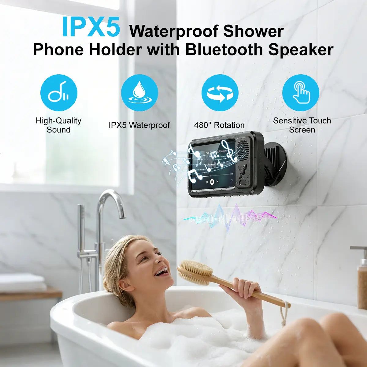 Waterproof Box Speaker, Bathroom Waterproof360 Rotating Touch Screen, Bluetooth Speaker,Watch Movies, Listen to Music, Phone Holderbluetooth Speaker Audio Shower TV Holder,Swimming Pool, Kitchen, Bathroom, Sink